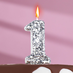 Изображение Свеча в торт «Блестки», цифра "1", серебро, 6,5 см